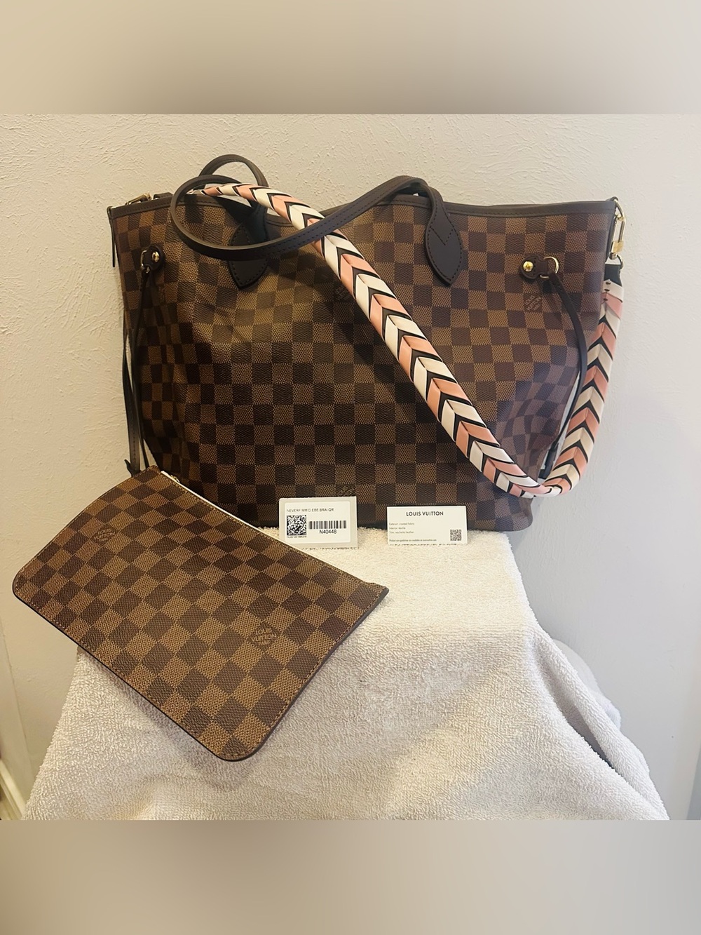 Louis Vuitton Brown Damier mm Canvas Tote with Pink Chevron Strap